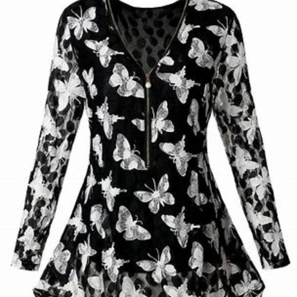 Nextmia Chiffon Butterfly Embroidered black/wht Lined flowy Whimsy blouse Size14 - Picture 4 of 8